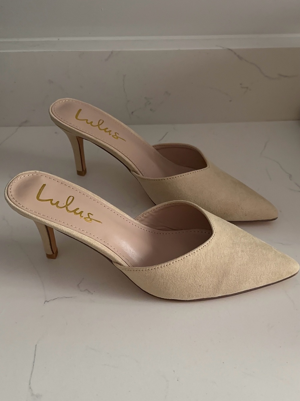 Lulu's Beige Pointed-Toe Suede Mule Heels